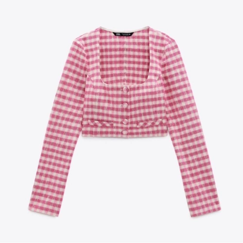 Zara Pink Gingham Cropped Cardigan Top